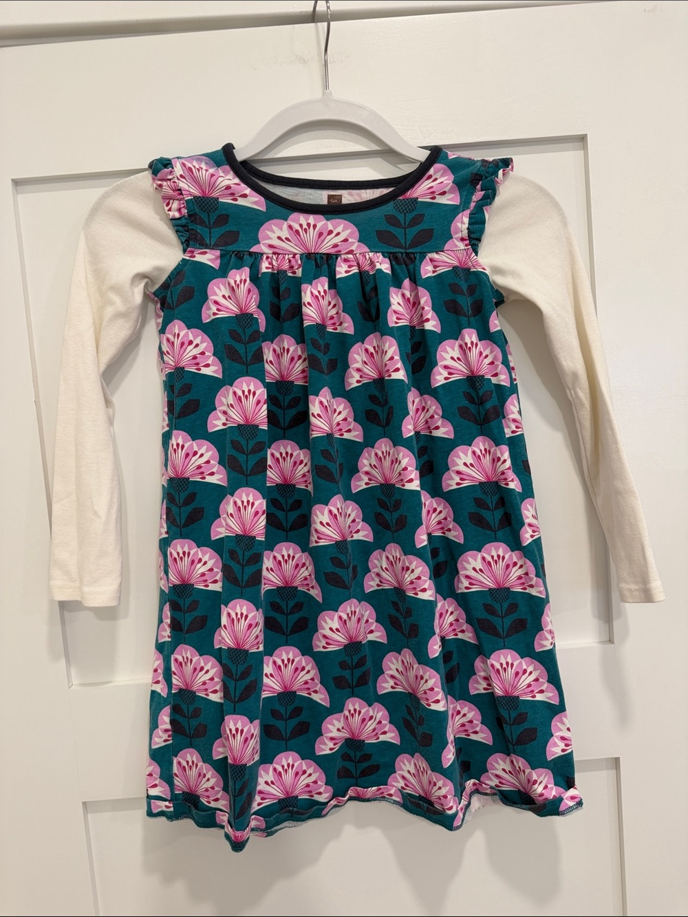 Tea Collection Teal Floral Dress with Pink Blossoms